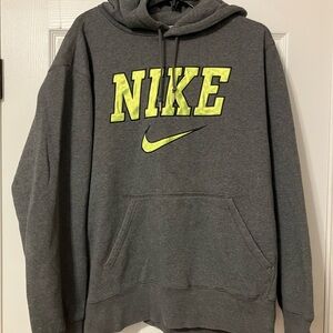Vintage Nike Mens XL Gray Big Logo Center Swoosh Hoodie Neon Letter Sweatshirt